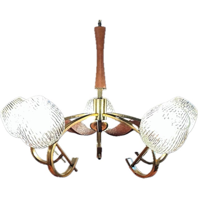 1960s Japanese Wood and Brass 5-Light Tulip Chandelier With Original Textured-Glass Shades For Sale - Image 9 of 12