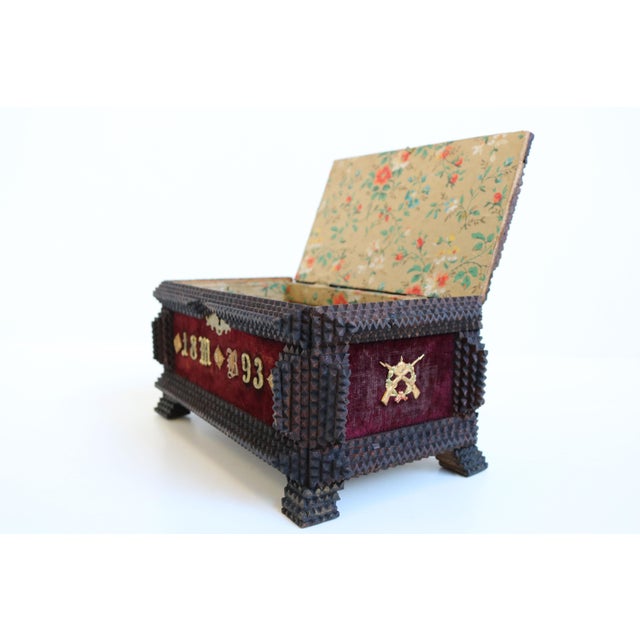 Wood Antique Tramp Jewelry Box in Carved Brass, 1893 For Sale - Image 7 of 12