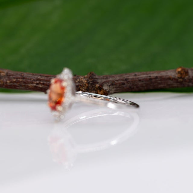Padparadscha Sapphire Halo Ring With Natural Diamond Accents in Solid 14k Gold, Size 6.75 For Sale - Image 10 of 10
