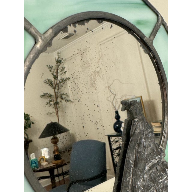 Nautical Coastal Stained Glass & Pewter Finish Ship Wall Accent Mirror For Sale - Image 9 of 11