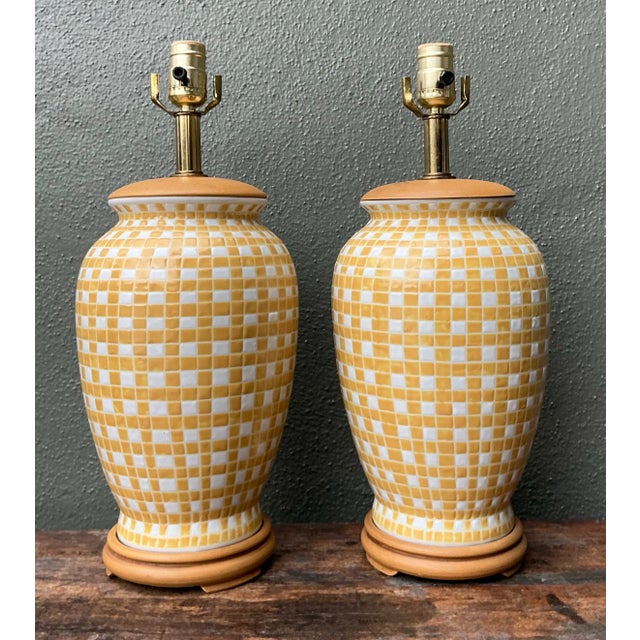 Beige Vintage Glazed Ceramic Grid Lamps - A Pair For Sale - Image 8 of 12