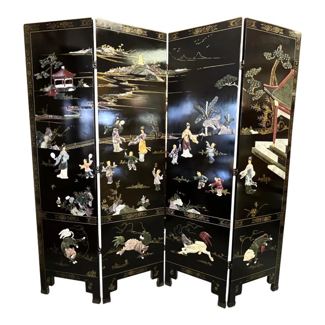 Mid Century Asian Double Sided Floor Screen Room Divider With Soapstone Decorations For Sale