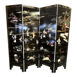 Mid Century Asian Double Sided Floor Screen Room Divider With Soapstone Decorations