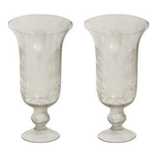 Pair of Blown Glass Wheat Etched Hurricanes For Sale
