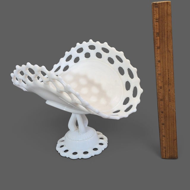 Vintage Westmoreland Milk Glass Lace Pedestal Center Piece Oval Basket Serving Platter For Sale - Image 6 of 7