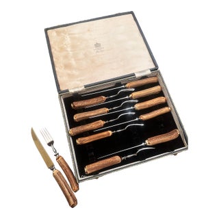 1960s Mappin and Webb Stag Antler Forks and Knives Flatware Set for Six in Box For Sale