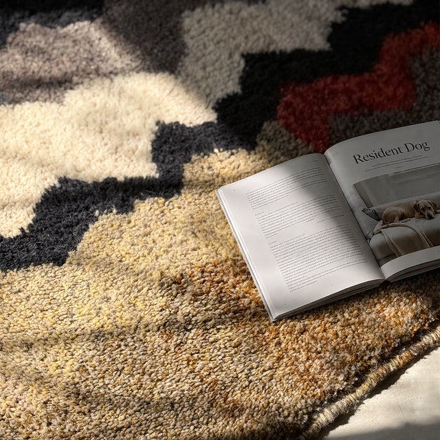 Jagged zigzag lines march across ivory in a vivid procession of crimson, taupe, sage, and midnight black, turning this rug...