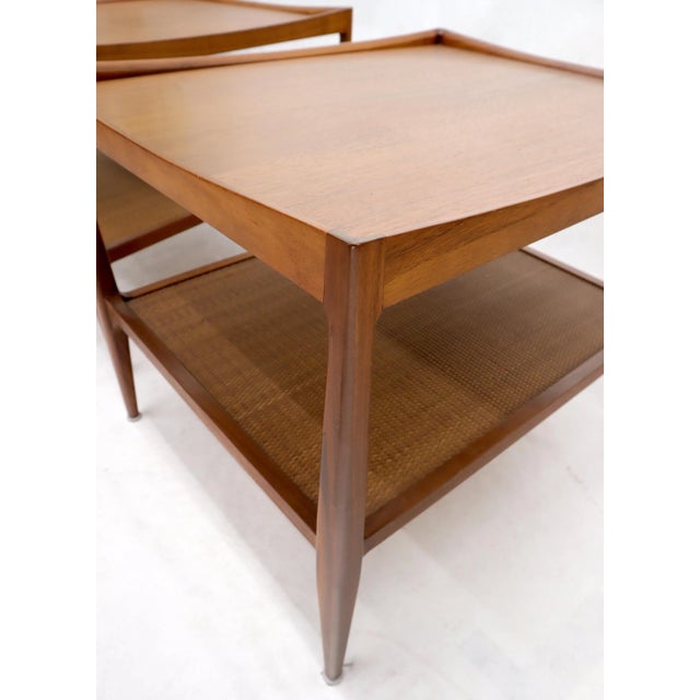 Pair of Walnut Mid-Century Modern Two-Tier Cane Shelf End Side Tables Stands For Sale - Image 12 of 13