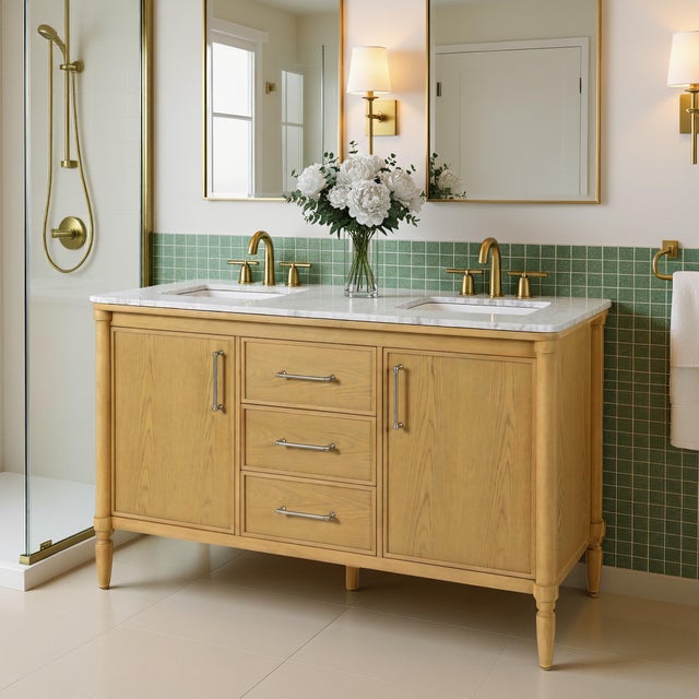 Elevate your bathroom with the Butler Specialty Company Bianca Wood & Marble Double Sink Vanityâa refined blend of...