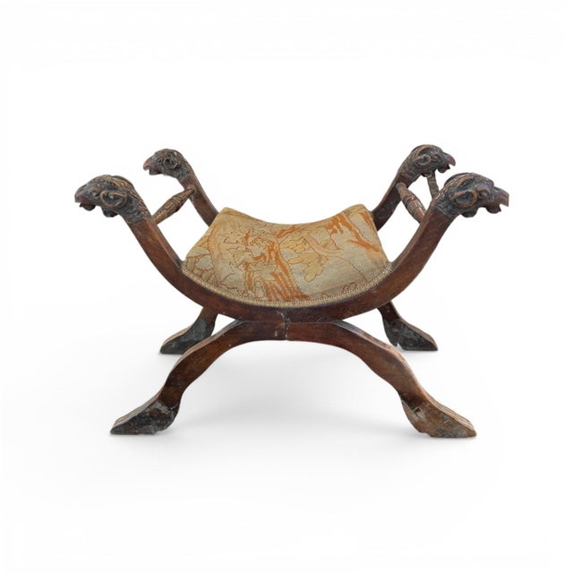Italian 19th Century Italian Walnut Curule Stool With Ram's Head Carving For Sale - Image 3 of 5