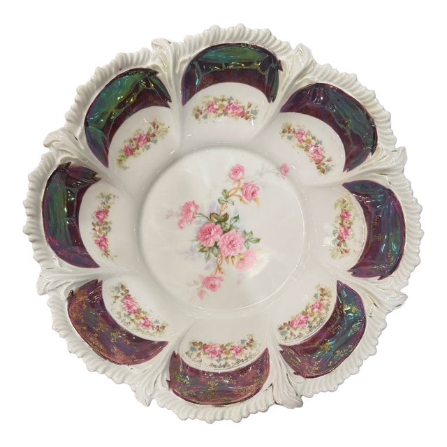 Antique Rs Prussia Porcelain Bowl Iridescent Luster Pink Roses Scalloped Edge For Sale