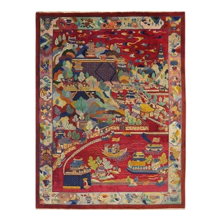 1920s Red Landscape Scene Antique Chinese Art Deco Rug 9'x11' 9" Nichols Workshop Carpet For Sale