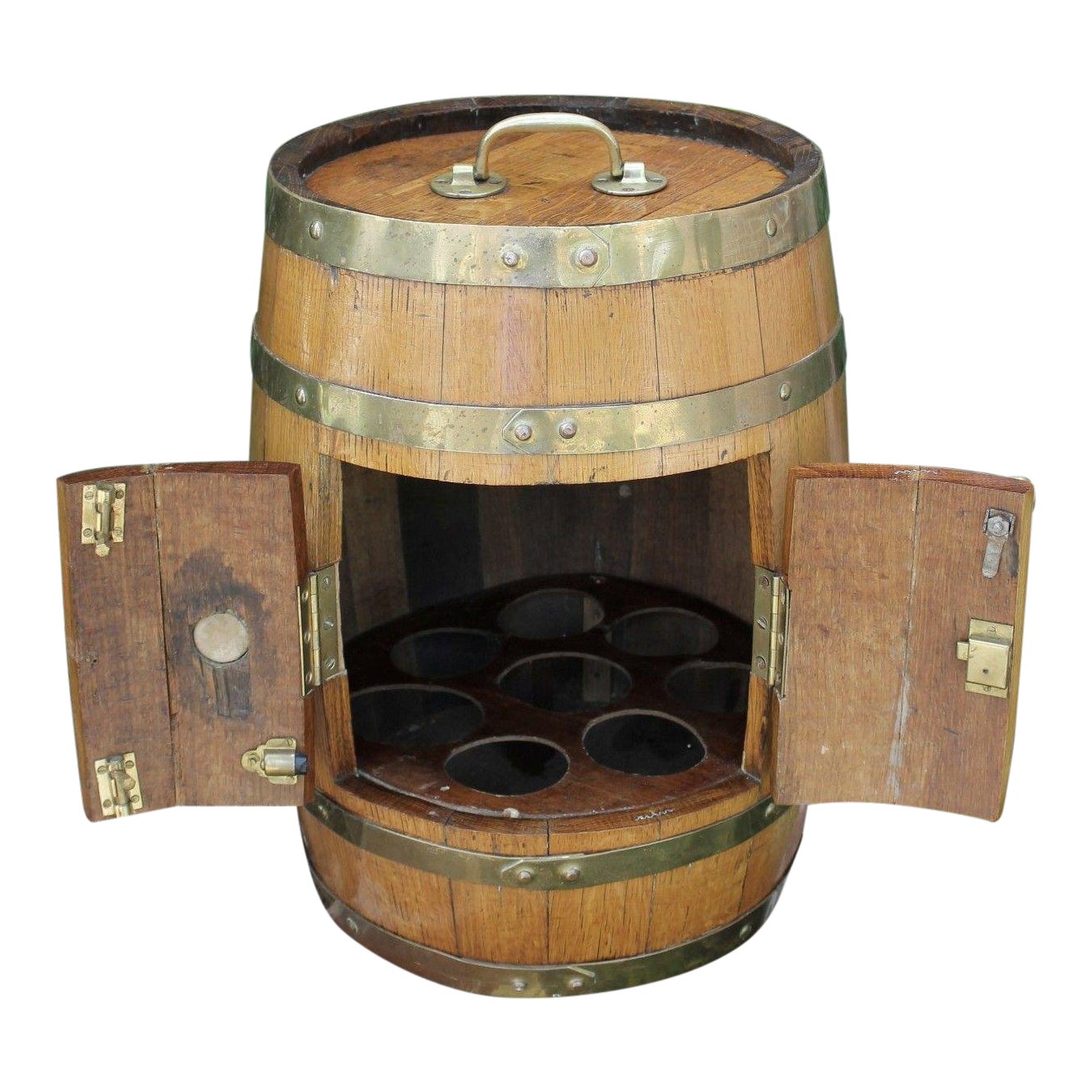 Antique English Oak Brass Banded Barrel Bar Wine Liquor Cabinet