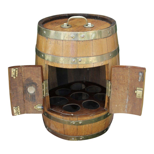 Antique English Oak Brass Banded Barrel Bar Wine Liquor Cabinet