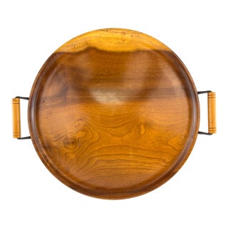 Vintage Mid Century Round Wooden Serving Tray With Side Handles For Sale