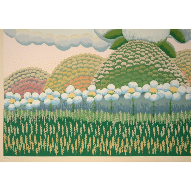 Folk Art White Flowers on Pink Sky - Limited Edition Naive Serigraph by Ivan Rabuzin For Sale - Image 3 of 8
