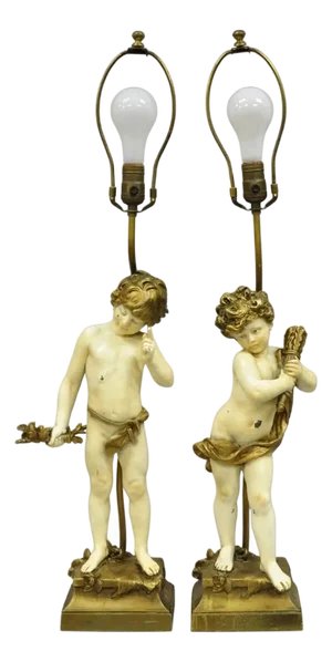 Antique French Moreau Figural Full Cherub Painted Metal Table Lamps - A Pair
