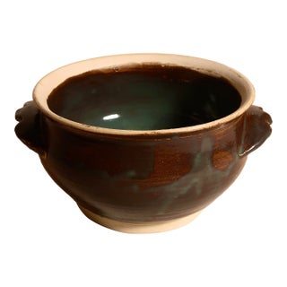 Vintage Signed Wabi Sabi Studio Pottery Stoneware Bowl With Sculptural Handles in a Earthy Brown & Green Glaze For Sale