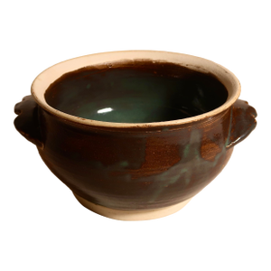 Vintage Signed Wabi Sabi Studio Pottery Stoneware Bowl With Sculptural Handles in a Earthy Brown & Green Glaze