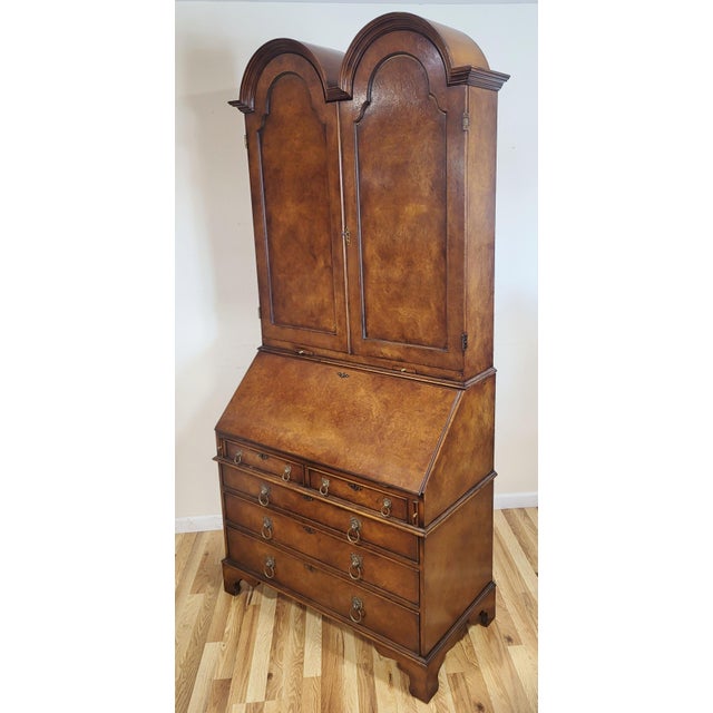 Vintage 20th C English Style Burl Walnut Slant Front Secretary Fitted Interior Desk For Sale - Image 4 of 18