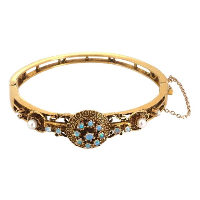 Pearls & Opal 14k Yellow Gold Floral Bangle Bracelet For Sale
