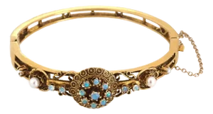 Pearls & Opal 14k Yellow Gold Floral Bangle Bracelet