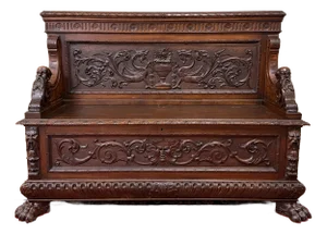 Antique French Entry Bench Settee Trunk Renaissance Revival Dark Walnut C1890s