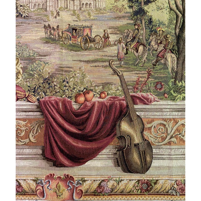 French Château Landscape Jacquard Woven Tapestry With Carriage & Courtly Scene For Sale In Miami - Image 6 of 11