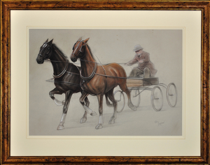 Cecil Aldin, Trotting Horses Harnessed to a Lightweight Four Wheel Cart Trap, Chalk Drawing, Framed