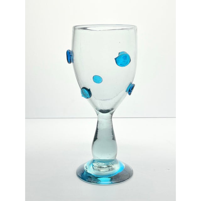Mexican Aqua Blue Confetti Raised Pebble Mexican Blown Wine or Water Glasses - 5 pcs For Sale - Image 4 of 8