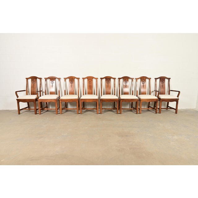 A gorgeous set of eight Mid-Century Modern Hollywood Regency Chinoiserie dining chairs By Thomasville USA, Circa 1970s...