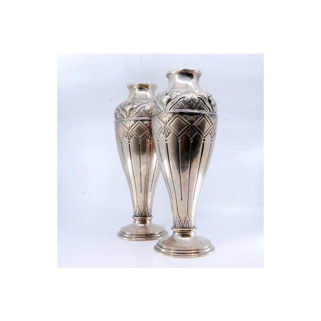 Silver Silver Vases with Raised Floral Motifs, Shells and Circular Bases, Set of 2 For Sale - Image 8 of 11