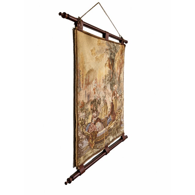 Mid 20th Century Vintage French Pastoral Tapestry Wall Hanging With Wooden Rods, Mid 20th Century For Sale - Image 5 of 9
