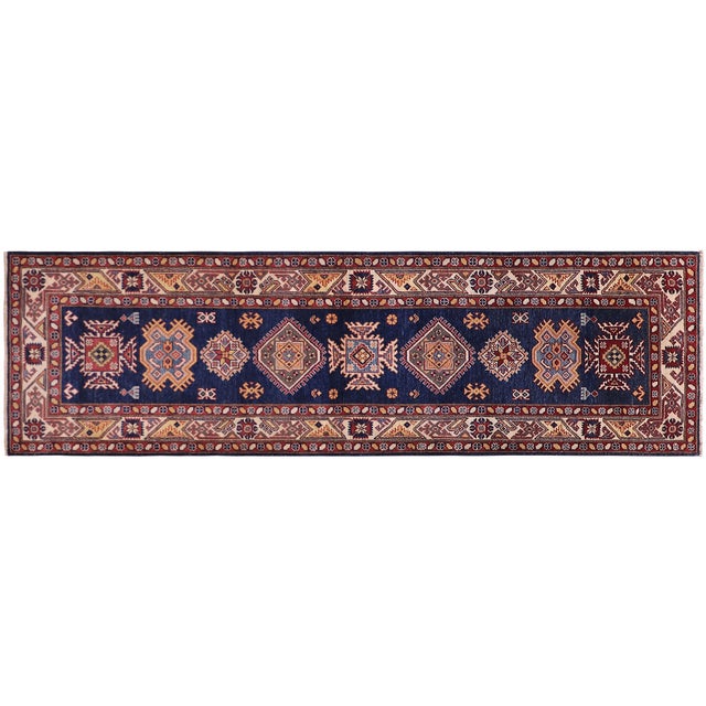 Blue Tribal Super Kazak Blue/Beige Wool Runner Rug- 2'9'' X 9'8'' For Sale - Image 8 of 10