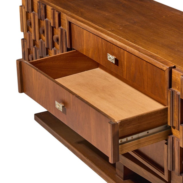 Wood Paul Evans Style Mid Century Canadian Brutalist Walnut 9 Drawer Pedestal Lowboy Dresser For Sale - Image 7 of 8