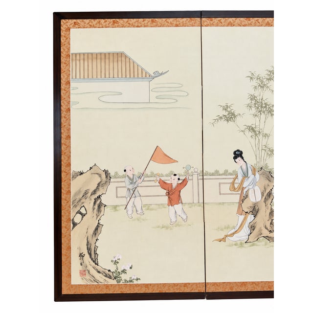 Chinese 1970s Chinese Hand-Painted Silk Four-Panel Folding Screen | Attributed to Yang Zhi | Hong Kong For Sale - Image 3 of 18