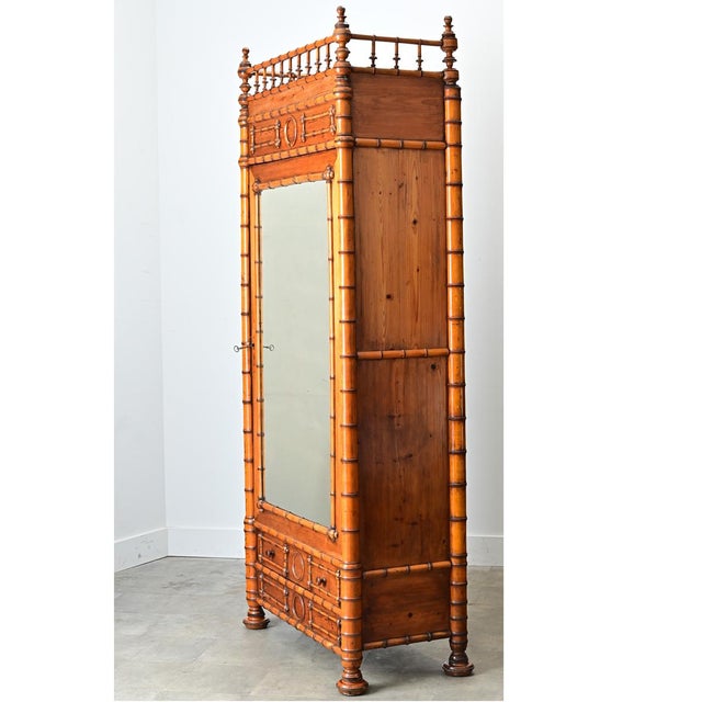 French 19th Century Faux Bamboo Pine Mirror Door Armoire For Sale - Image 9 of 12
