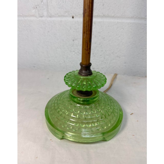 1940s Antique Brass Green Blacklight Glowing Vaseline Glass Electric Table Lamp For Sale - Image 5 of 11