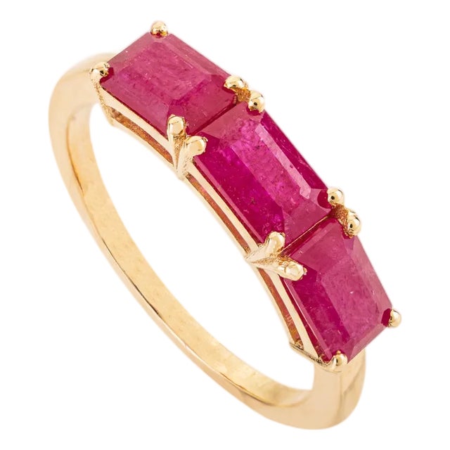 2.14 Carat Natural Ruby Three-Stone Band Ring for Her in 14k Solid Gold Size 6 For Sale