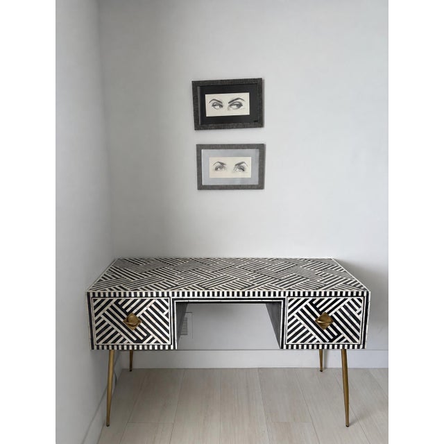 Description - One of a kind black and white modern bone inlay handcrafted desk with brass hardware. Two desk drawers and...