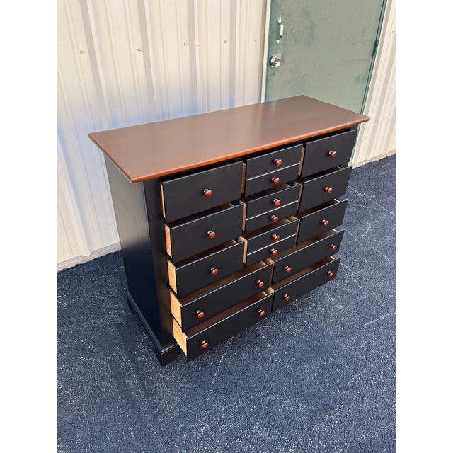 1990s Stanley Furniture 13-Drawer Black and Cherry Tall Chest of Drawers With Dressing Mirror For Sale - Image 9 of 12