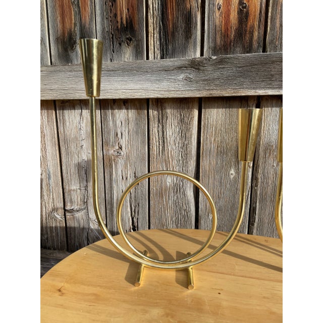 Gold Mid-Century Modern Gold-Tone Metal Candelabras- a Pair For Sale - Image 8 of 12