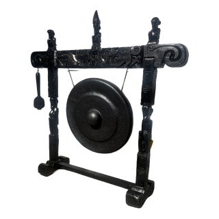 Large Gong with Carved Wooden Stand and Mallet For Sale