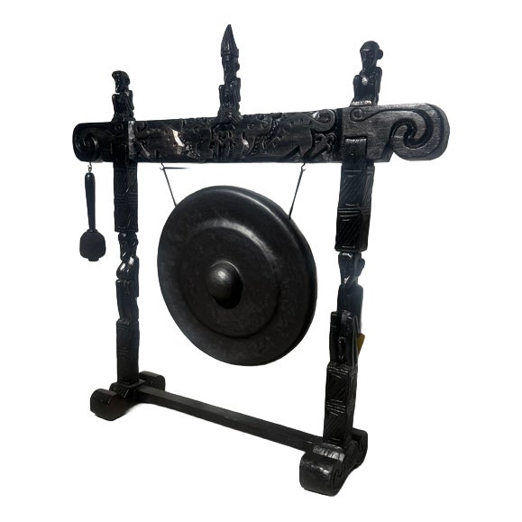 Large Gong with Carved Wooden Stand and Mallet For Sale