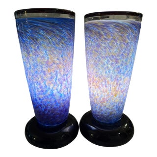 Gallery Quality Pair of Signed Art and Numbered Murano Style Glass Lamps, Cobalt Blue With Iridescent Pattern For Sale