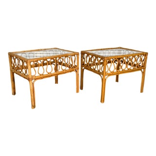 Rattan and Glass End Tables For Sale