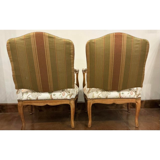 The House of Scalamandre Pair Vintage French Fauteuils Upholstered in Scalamandre Fabric With Nailhead Trim For Sale - Image 4 of 5