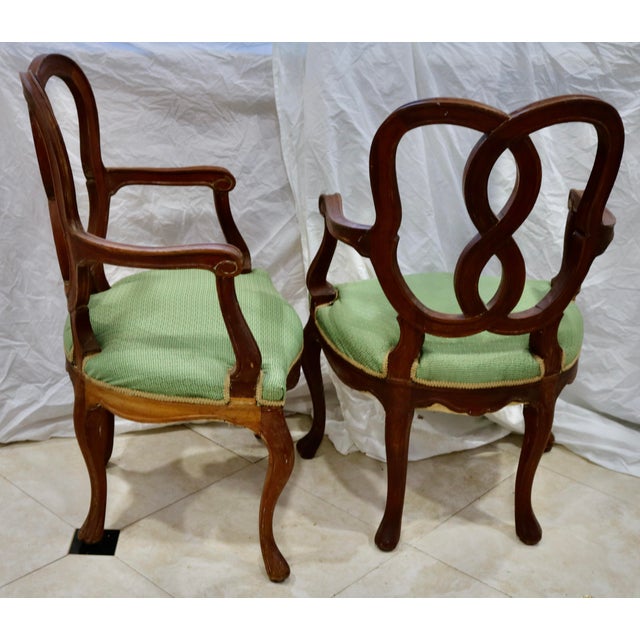 Antique Early 20th Century French Louis XV Walnut Dining Chairs With Green Fabric Seats - Set of 6 For Sale - Image 4 of 4