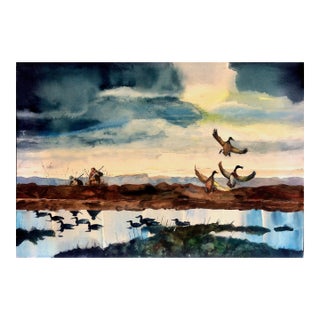 Mid-Century Watercolor of Duck Hunters and Mallard Drakes at Dawn, by Roy Mason For Sale
