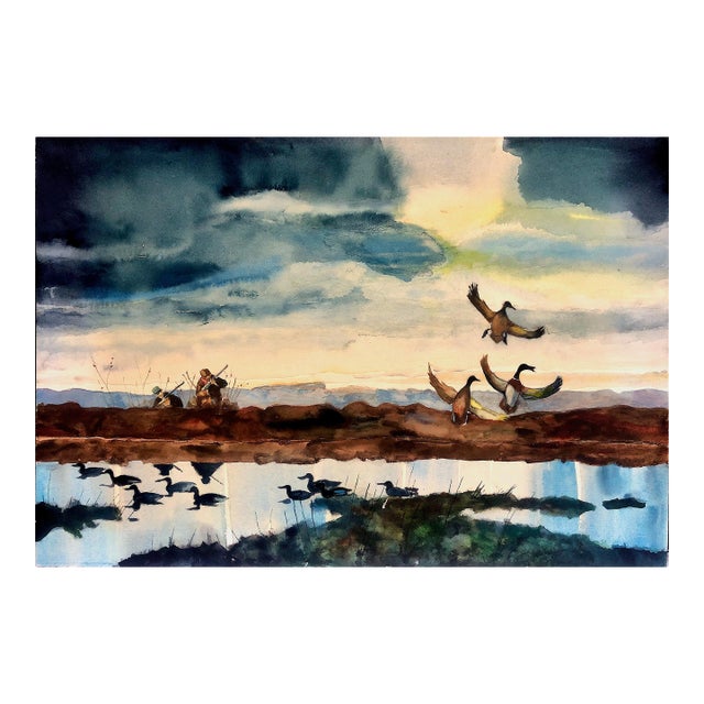 Mid-Century Watercolor of Duck Hunters and Mallard Drakes at Dawn, by Roy Mason For Sale
